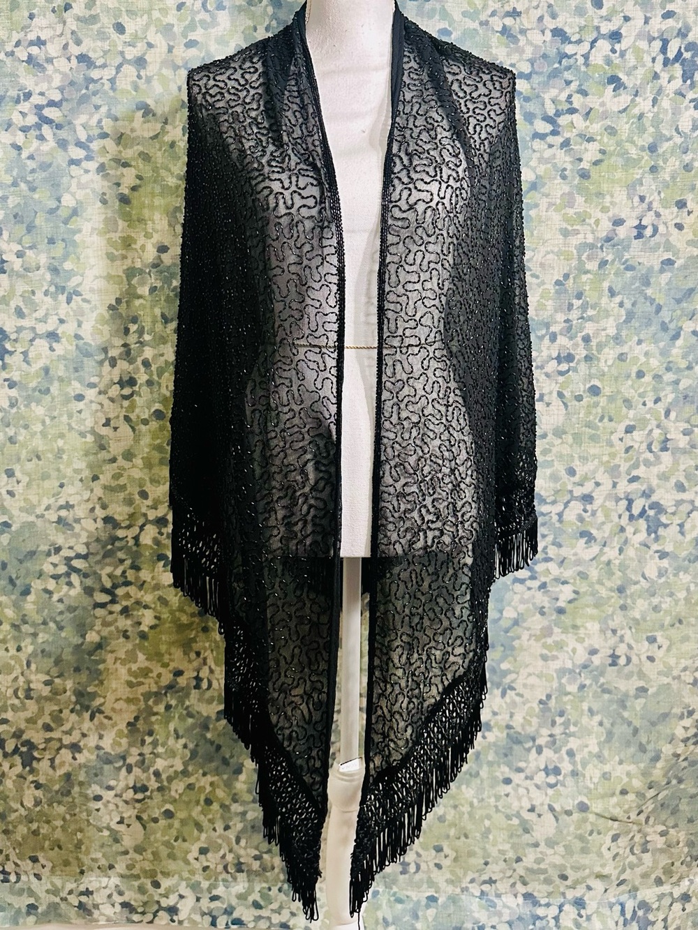 Scala Black Beaded Fringe Evening Shawl Wrap Poncho One Size